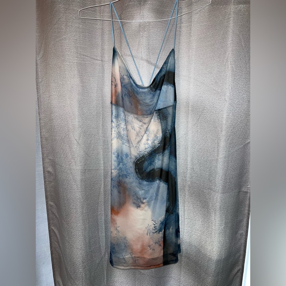 Elegant Blue and Brown Tie-Dye Slip Dress